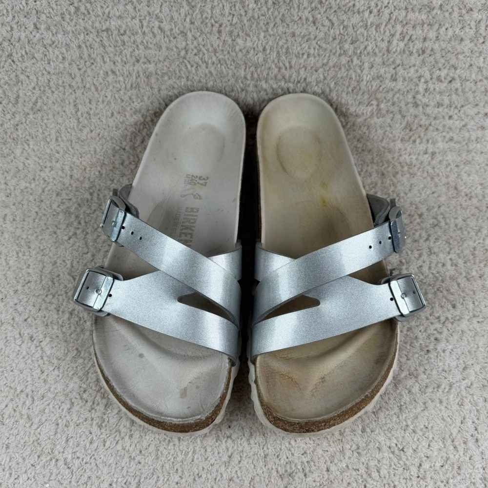 Birkenstock Yao Metallic Silver Crisscross Slide Sandals Womens 37 L6 M4